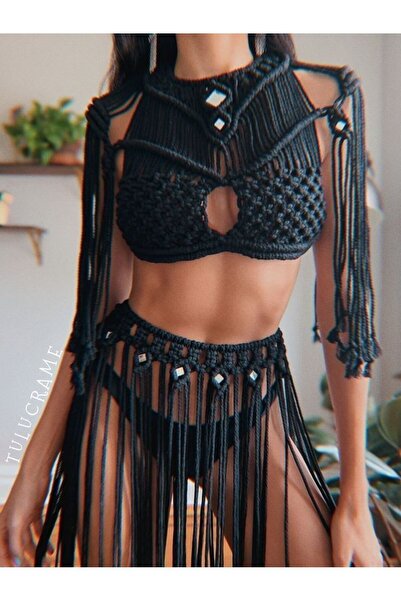 SuMavisi Makrome Siyah Plaj Giysisi & Etek & File Örgü El Yapımı Günlük  Büst...