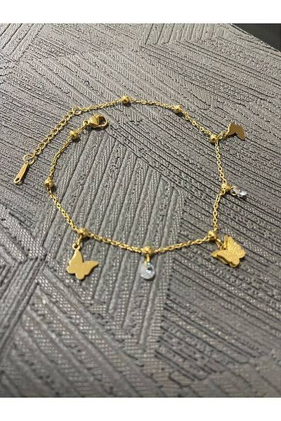lolajewelry Luxury Zircon Stone Steel Anklet - Gold Colored Butterfly Pattern