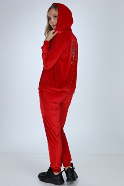 İkmal Kadın Kırmızı Paçalı Kadife Eşofman Takımı