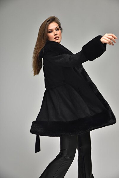 Xtreme Fashion Kadın Siyah Suni Kürk Detaylı Kemerli Süet Kaban