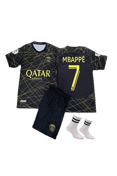 yenteks PSG Mbappe Σετ 4 - Προσαρμοσμένο σχέδιο Μαύρο-Χρυσό Παιδικό Ποδόσφαιρο Τζέρσεϊ Κάλτσες+Βραχιόλι al07ta