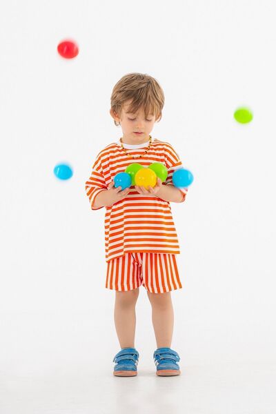 PLANT Mini Kids - Summer Turuncu Ve Beyaz Renk, %100 Pamuk, Lastikli Bel, Çizgili Çocuk Şort