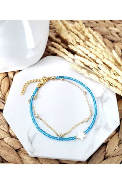 HALHALMILL Kadın Mavi Sedef Yıldızlı Top Zincirli Ikili Halhal