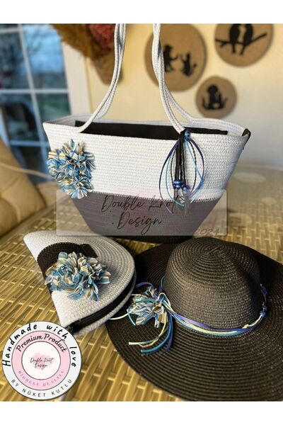 DOUBLE KNOT DESİGN 3lü Takım Plaj Çantası , El Çantası Clutch, Şapka, Totebag...