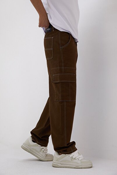 DİFRANSEL Ανδρικό φαρδύ παντελόνι Cargo Brown με τσέπες