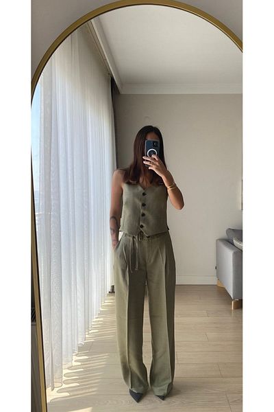 cn novembersun Set vestă și pantaloni cu brâu pentru femei din kaki