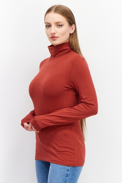 Esprit Women Turtle Neck Long Sleeves Plain Top, Rust