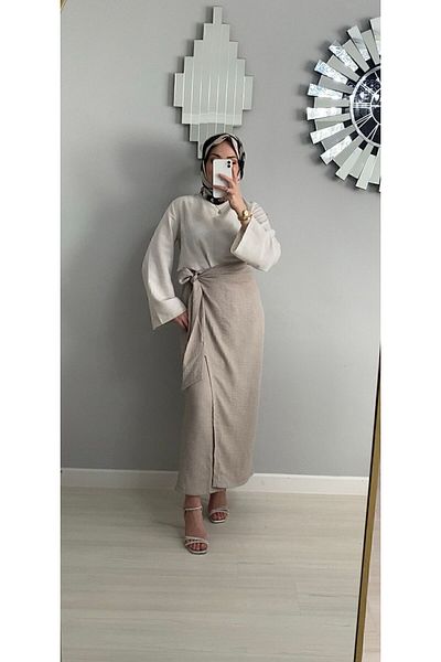 Karabulut Linen Blended Stone Color Skirt