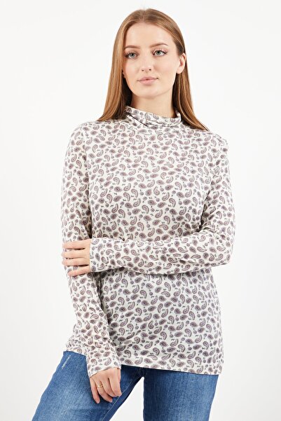 Esprit Women High Neck Long Sleeves Allover Print Blouse, White Combo