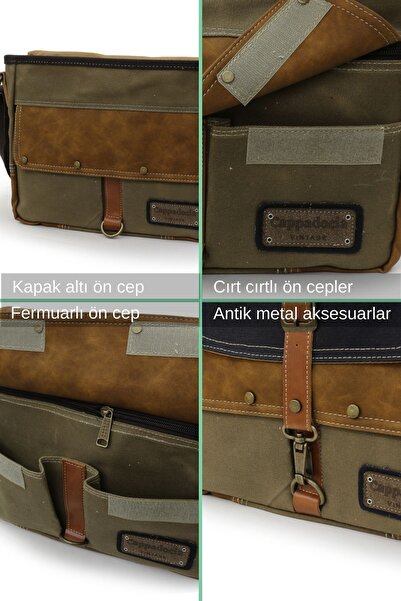 Cappadocia Vintage 4046 Училищно куфарче за лаптоп Antiochia Shoulder Postman Black Tan Водоустойчиво восъчно памучно платно