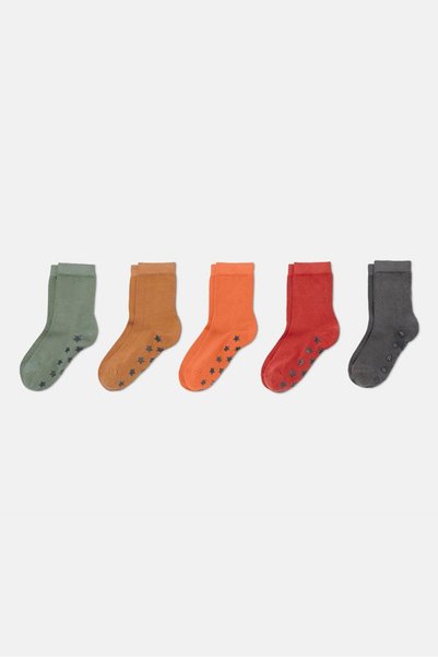 Tchibo Kids Boy 5 Pair Plain Cotton Socks, Green and Grey and Orange Combo