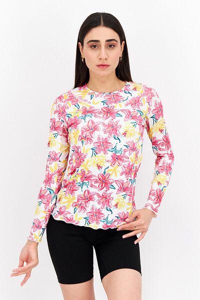 Gottex Women Sportswear Fit Floral Print Long Sleeve Training Top, Pink Combo