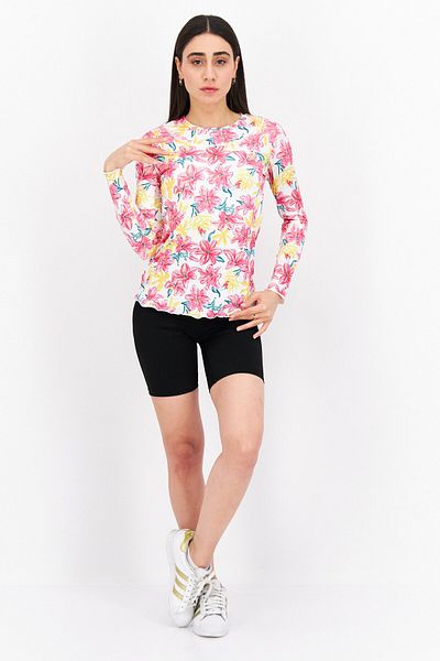 Gottex Women Sportswear Fit Floral Print Long Sleeve Training Top, Pink Combo