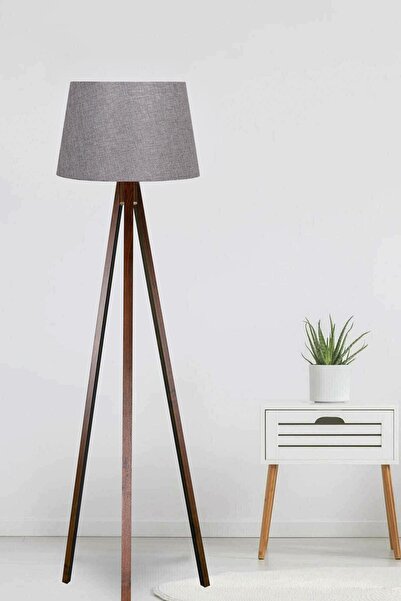 modamvip Lambader Ahşap 3 Ayaklı Tripod Lamba Abajur Konik Başlık Antrasit Kahverengi Ayak L238