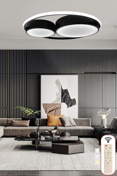 Ledmi Lighting Çift Halka Yuvarlak Siyah Led Avize, Kumandalı 3 Renk Aydınlatmalı, Plafonyer Avize Dimmerli