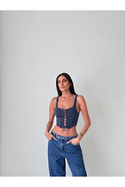 TAYT VEGAS İP DETAYLI ASKILI CROP ANTRESİT