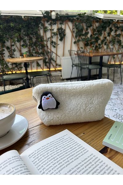 sumicorn Cute Penguin Plush Washable Zippered Checkered Lined Cloth Pen Holder Pencil Case Makeup Bag