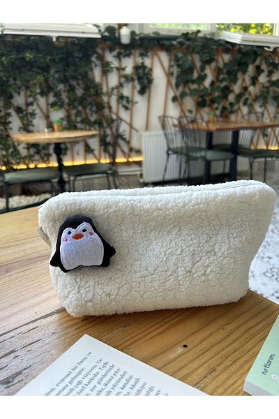 sumicorn Cute Penguin Plush Washable Zippered Checkered Lined Cloth Pen Holder Pencil Case Makeup Bag
