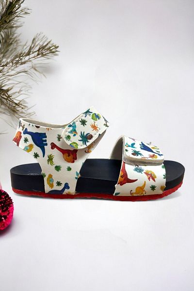Ponchiq Boys' Sandals - White, Navy Blue, Dinosaur Pattern