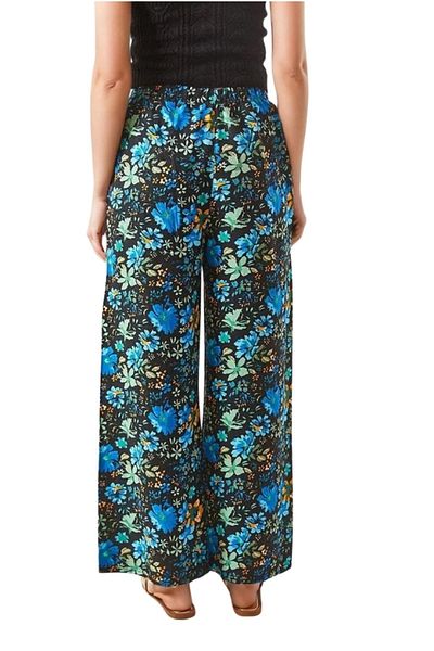 Cassime Pantaloni Palazzo din in albastru cu talie înaltă cu imprimeu floral - negri