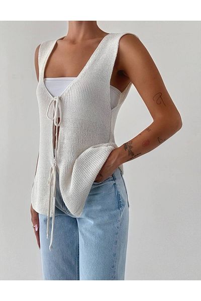 My Blog Long Ecru Knitwear Vest - Sleeveless and Two Laces