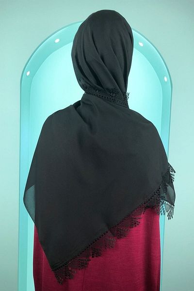 Ebruli Γυναικείο Minacarin Chiffon Ruched Needle Κέντημα Μαύρο Hijab Prayer Mevlüt Κάλυμμα βραδινό φόρεμα σάλι