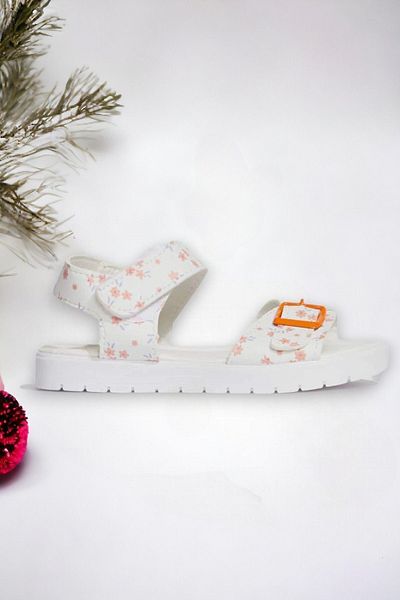 Ponchiq Flower Patterned Children's Sandals with Orange Buckle