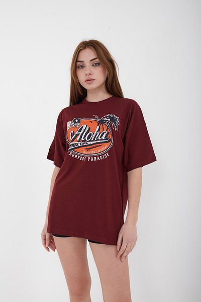Mad&Calf Μπλουζάκι Unisex Oversize Aloha με στάμπα Claret Red