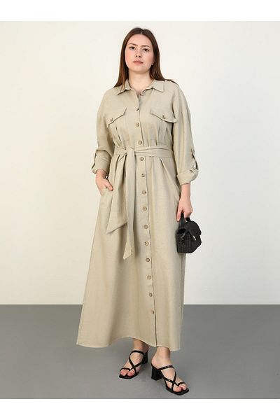 ALİA Mink Linen Plus Size Shirt Dress - Alia