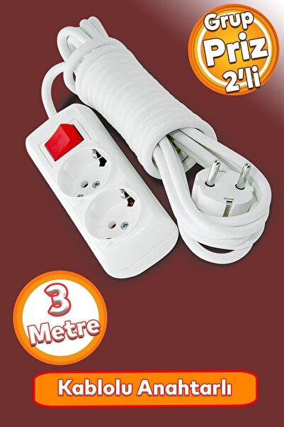 Badem10 2'li Grup Priz - (3 METRE) Fiş Çoğaltıcı Topraklı Anahtarlı Düğmeli Ç...