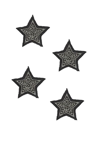 REMSATİC Ütü Ile Yapışan Arma - Patch - Gümüş Siyah Renk Yıldız Modeli (4 Adet) (4,5cm X 4,5cm)