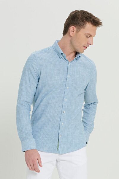 AC&Co / Altınyıldız Classics Ανδρικό πράσινο 100% βαμβακερό πουκάμισο με λεπτή εφαρμογή με κρυφό γιακά με κουμπιά