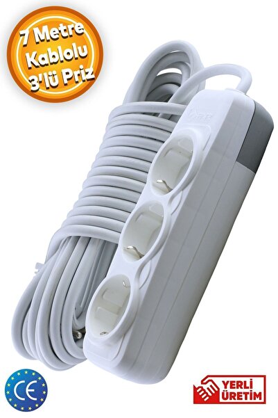 Badem10 Grup Priz 3'lü - (7 METRE) Anahtarsız Topraklı Seyyar Ara Kablolu Uza...