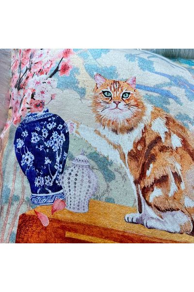DECO Pastel Colored Naughty Cat and Vase Patterned Digital Printed Velvet Throw Pillow