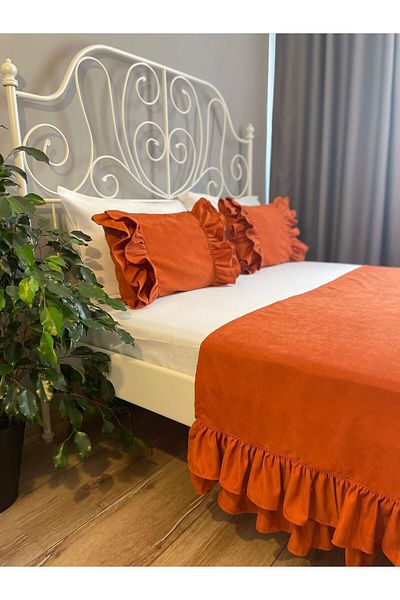 Decamor home Brick Colored Double Layer Ruffle Bed Runner and Inner Padded Throw Pillow