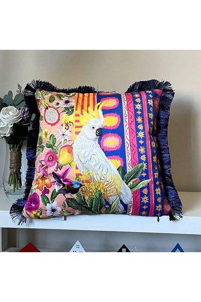 DECO Geometric Floor Pattern - Flowers and Parrot Printed Velvet Throw Pillow Cover Fringed