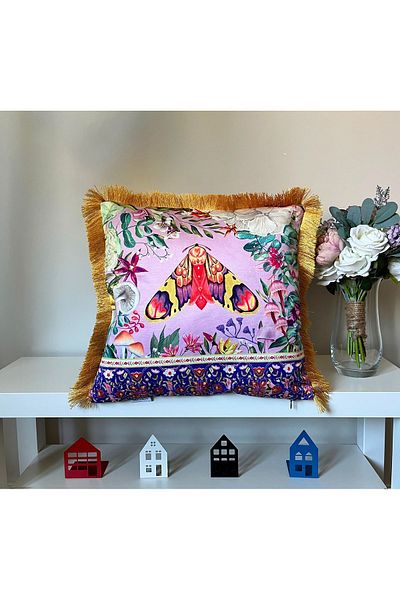 DECO Colorful Butterfly Patterned Digital Printed Velvet Fringed - Throw Pillow Cover Decorative