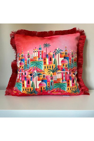 DECO Red Digital Printed Authentic Velvet Throw Pillow Cover - City View, Fringed