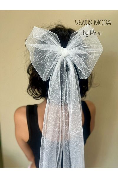 VENÜS MODA by Pınar Glittery Wedding Clip - Bow and Veil with Comb, after Party Veil Hair Accessory