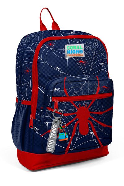 Coral High Kids Navy Blue Red Spider Patterned Four Compartment School Backpack 23720