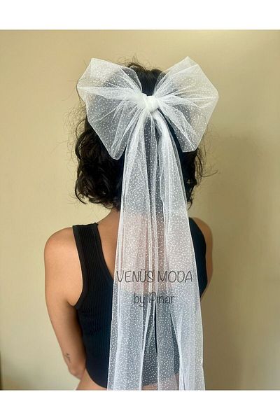 VENÜS MODA by Pınar Glittery Wedding Clip - Bow and Veil with Comb, after Party Veil Hair Accessory