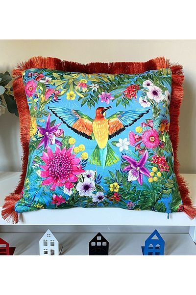 DECO Blue Velvet Throw Pillow - Watercolor Flower and Bird Pattern, Digital Printed Fringed Cover