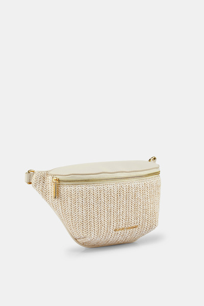Black Ribbon Striped Straw Column Strap Women's Waist Bag - Breeze Waist Ecru
