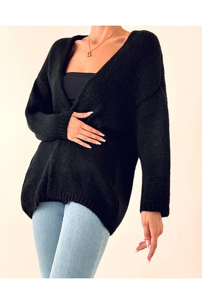 My Blog Cardigan simplu cu sclipici negru cu textura moale-4337