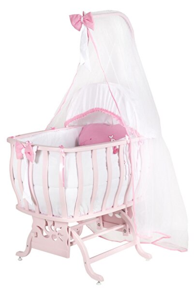 Setay Doğal Ağaç Beşik, Otantik Lüx Sallanan Beşik + Uyku Seti + Cibinlik - Pembe