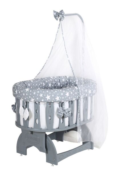 Setay Mdf Beşik, Şehzade Sallanan Beşik Uyku Seti Cibinlik - Gri