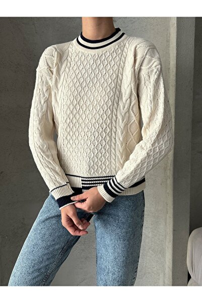 BEJNA Ecru Women's Knitwear Sweater - Knitted and Piping Detail