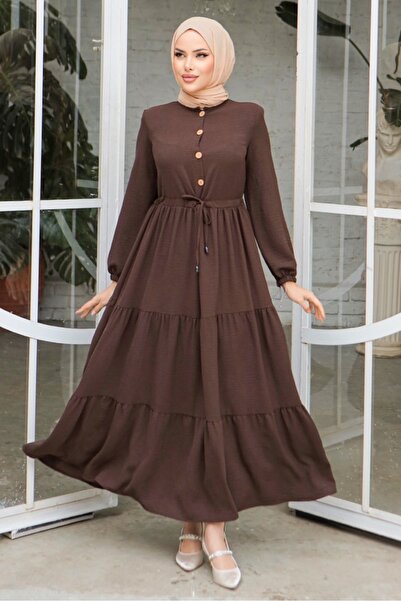 Bestenur Φόρεμα με μισό κουμπί σε καφέ χρώμα Eslem - 1135