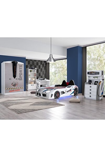 Setay Çocuk Odası - Audi Koltuklu Arabalı Yatak, Sports 3 Kapılı Dolap, Masa, Şifonyer, Kitaplık - Beyaz