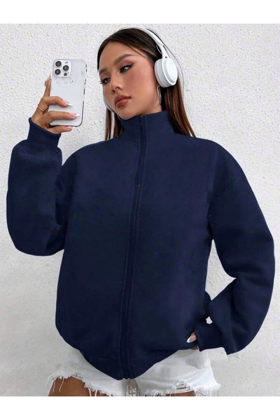 LOUİSA Women's Navy Blue Vintage 1988 Back Printed Stand Collar Zippered Cardigan